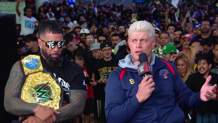Jey Uso and Cody Rhodes at MITB Press Conference. Photo: WWE