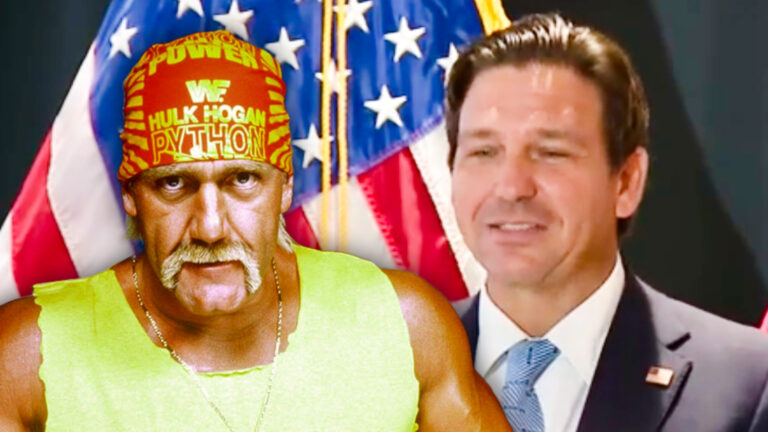 DeSantis Chokes Up Remembering Hulk Hogan as ‘Our Superhero,’ Protestor Disrupts Tribute