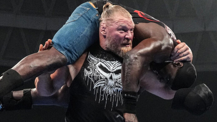 Brock Lesnar delivered an F5 to R-Truth. Photo: WWE.com