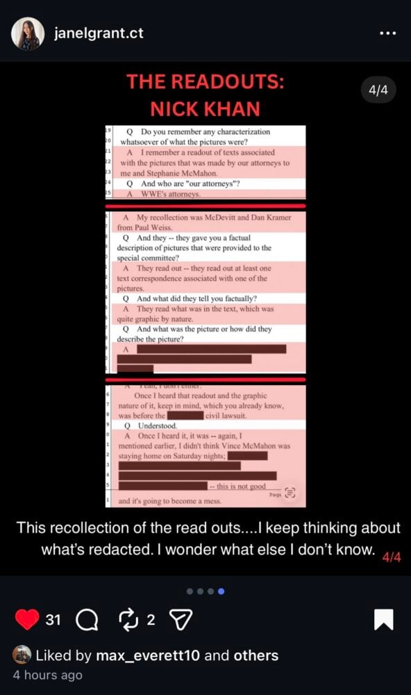 Janel Grant Instagram post screenshot discussing WWE board sharing explicit evidence without her consent during the 2022 Vince McMahon investigation