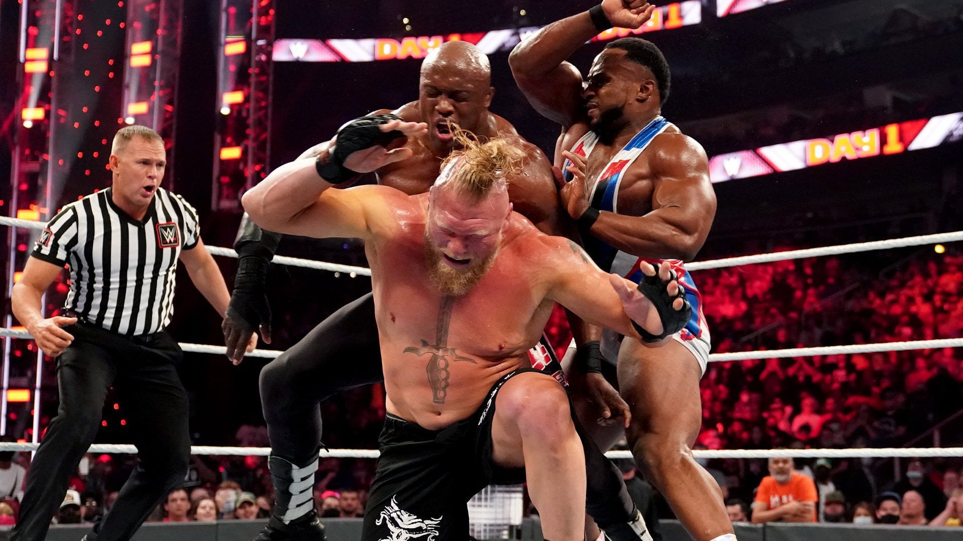 Big E and Brock Lesnar at WWE Day 1. Photo: WWE.com