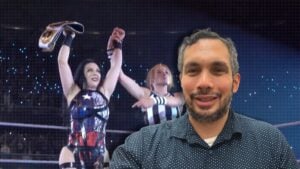 Sami Zayn and Stephanie Vaquer celebrating recent WWE world title victories