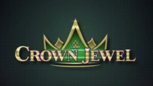 Official WWE Crown Jewel logo with metallic gold Crown Jewel text in front of a green and gold crown bearing the WWE logo on a dark background