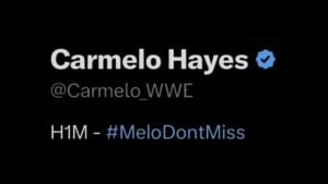 Carmelo Hayes X profile header showing his name, @Carmelo_WWE handle and H1M #MeloDontMiss bio