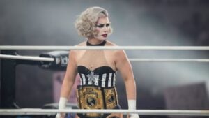 Toni Storm as AEW Women's World Champion in her Timeless character standing in the ring