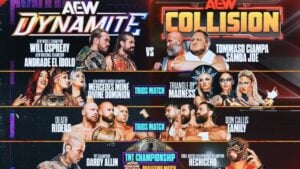 AEW Dynamite and Collision October 14 card graphic showing Will Ospreay and Andrade El Idolo vs. Tommaso Ciampa and Samoa Joe, Mercedes Moné and Divine Dominion vs. Triangle of Madness, Death Riders vs. Don Callis Family, and Darby Allin vs. Hechicero