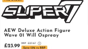 Retail pre-order listing for the Super7 AEW Deluxe Action Figure Wave 01 Will Ospreay, priced at £23.99