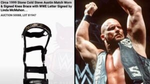 Stone Cold Steve Austin's signed, match-worn 1999 knee brace from the Heritage Auctions listing beside Austin posing in his WWF vest