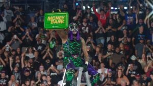 Penta holding the Money in the Bank briefcase after winning the 2026 men's ladder match in New Orleans