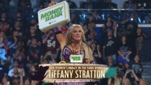 Tiffany Stratton holding the Money in the Bank briefcase after winning the 2026 Women's Money in the Bank Ladder Match