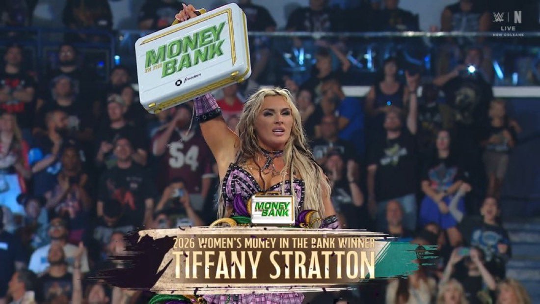 Tiffany Stratton holding the Money in the Bank briefcase after winning the 2026 Women's Money in the Bank Ladder Match