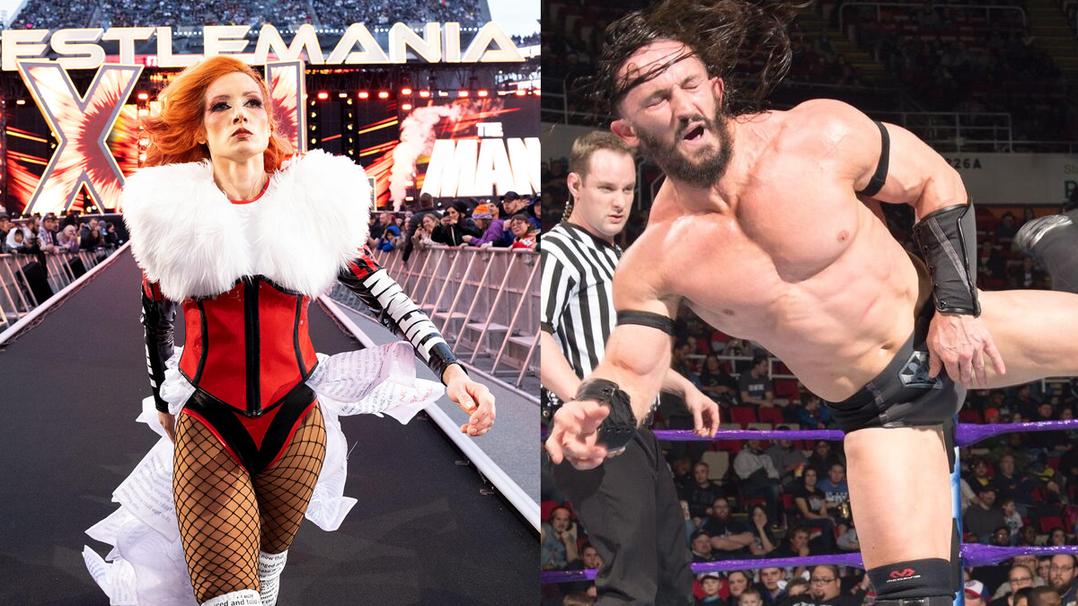 Becky Lynch walking out at WrestleMania beside PAC, then known as Neville, throwing a kick in a WWE ring