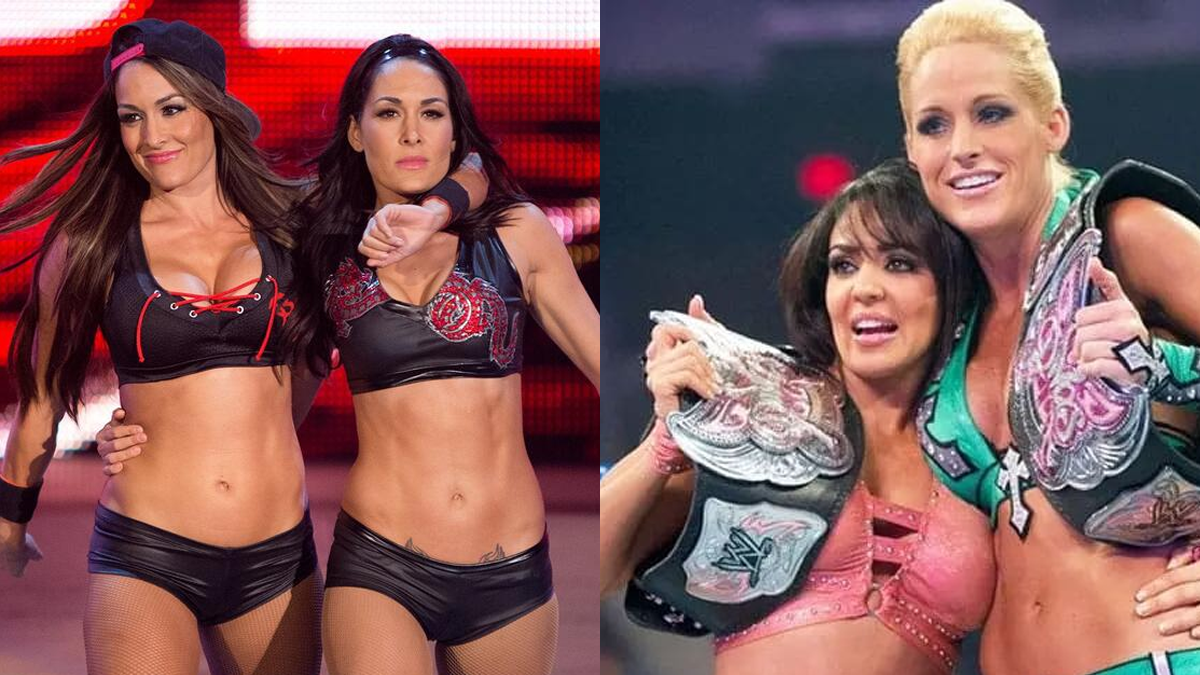 The Bella Twins, Nikki and Brie Bella, beside LayCool's Layla and Michelle McCool holding their title belts in WWE