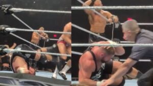 Bron Breakker landing on his neck after a top-rope spot with LA Knight as the referee checks on him at a WWE live event