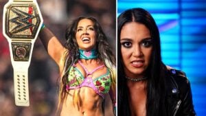 Chelsea Green holds up the WWE Women's Championship beside Roxanne Perez, her challenger on WWE SmackDown