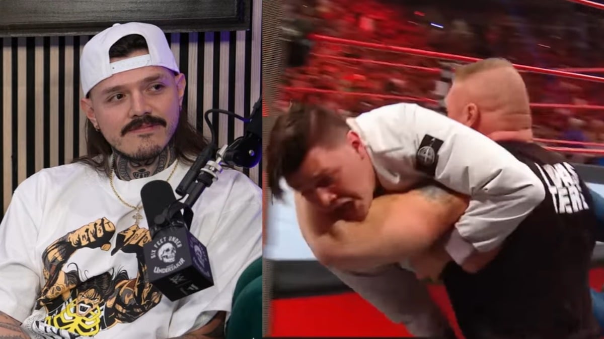 Split image of Dominik Mysterio on the Six Feet Under podcast and Brock Lesnar suplexing Dominik on WWE Raw in 2019