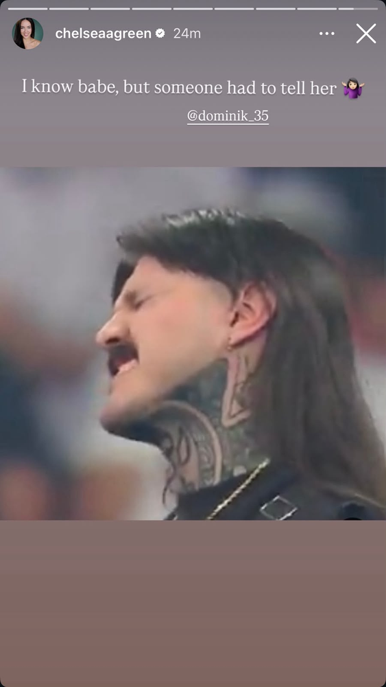 Chelsea Green Instagram story showing Dominik Mysterio’s reaction on Raw