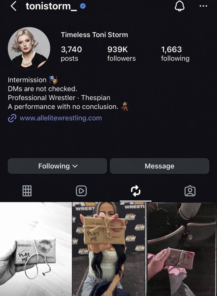 Toni Storm's Instagram profile showing three reposted Toni Tapes reels