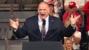Glenn Jacobs, known as WWE Hall of Famer Kane, speaking at a Trump rally in Clarksville, Tennessee