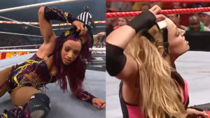 Split image of Mercedes Mone removing her face mask at AEW WrestleDream 2026 and Trish Stratus removing hers on WWE Raw in 2004