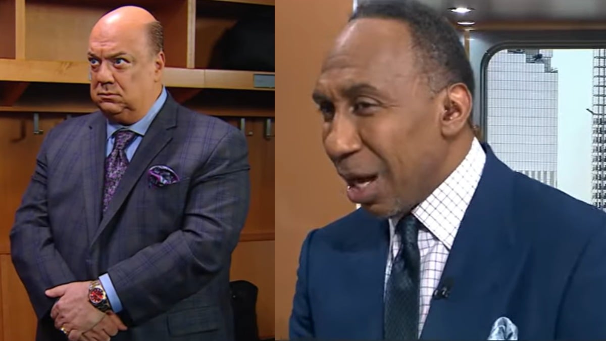 Split image of Paul Heyman in a WWE locker room and Stephen A. Smith on the ESPN First Take set