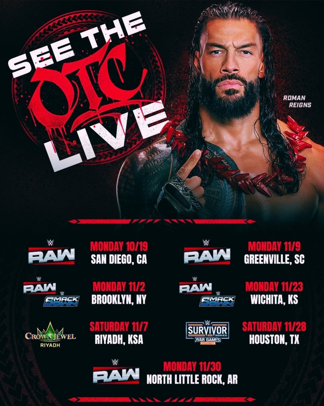 WWE graphic listing Roman Reigns' live dates from October 19 through November 30, including Crown Jewel and Survivor Series