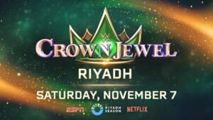 Official WWE Crown Jewel logo with metallic gold Crown Jewel text in front of a green and gold crown bearing the WWE logo on a dark background