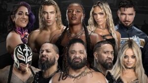 WWE Hawaii tryout promotional graphic featuring Bayley, Rey Mysterio, The Usos, Jacob Fatu and Liv Morgan