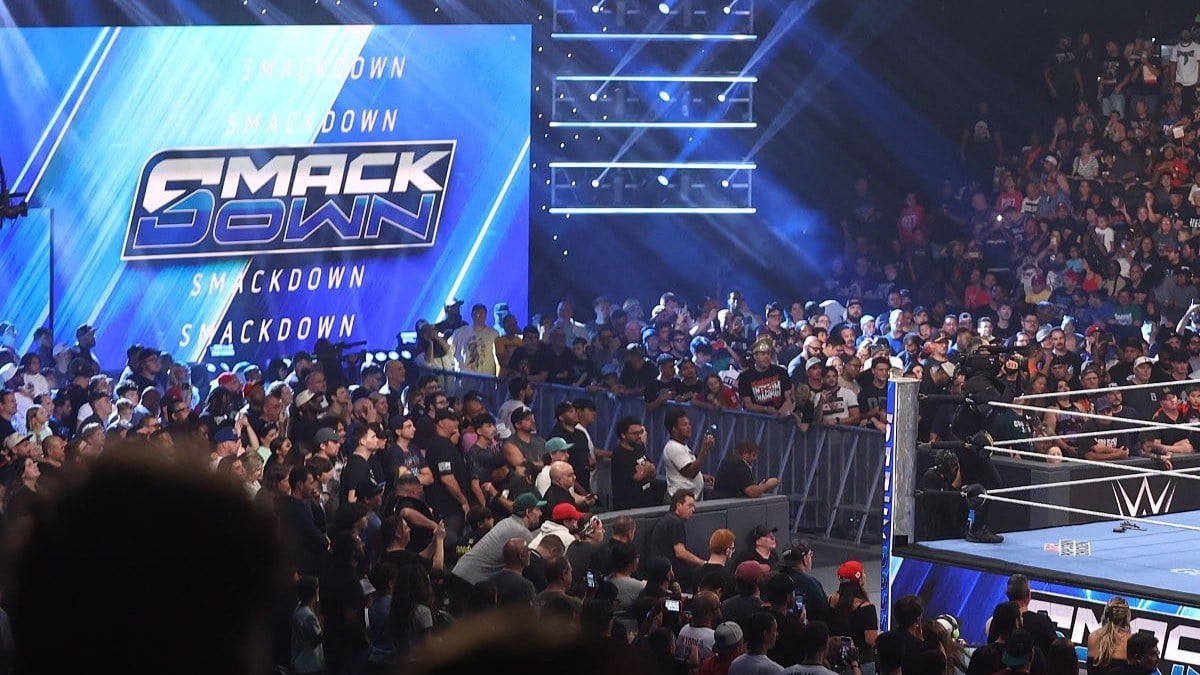 WWE fans cheer in the crowd at a live SmackDown event